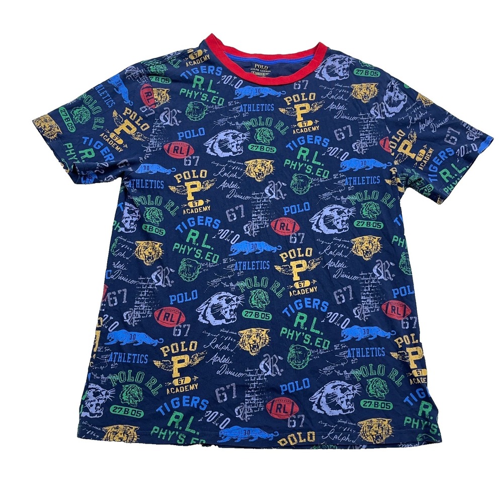 Polo Ralph Lauren Shirt Boys XL Blue All Over Print AIO Crest Football Tee Retro